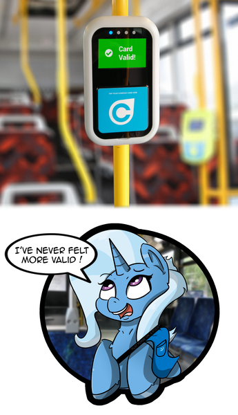 Size: 1222x2128 | Tagged: safe, artist:n-o-n, edit, editor:edits of hate, trixie, pony, unicorn, bus, happy, image, irl, photo, png, ponies in real life, proud, public transportation, simple background, smiling, smug, solo, valid