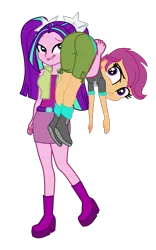 Size: 2579x4133 | Tagged: safe, artist:gmaplay, derpibooru import, aria blaze, scootaloo, equestria girls, butt, carried, carry, image, over the shoulder, png, scootabutt, scootaloo is not amused, solo, unamused