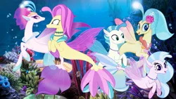 Size: 1366x768 | Tagged: safe, artist:dreamrabbit5, derpibooru import, ocean flow, princess skystar, queen novo, silverstream, terramar, seapony (g4), my little pony: the movie, aunt and nephew, aunt and niece, brother and sister, cousins, family, female, image, jewelry, jpeg, male, necklace, pearl necklace, siblings, sisters, underwater