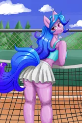 Size: 1400x2100 | Tagged: suggestive, artist:zachc, derpibooru import, izzy moonbow, anthro, pony, unicorn, clothes, cloud, female, from behind, g5, image, mare, midriff, net, png, skirt, sky, solo, tree