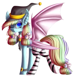 Size: 2381x2519 | Tagged: safe, artist:mediasmile666, derpibooru import, oc, unofficial characters only, bat pony, pony, bat pony oc, bat wings, cute, cute little fangs, fangs, female, hat, image, looking at you, looking back, looking back at you, mare, one eye closed, png, simple background, slit eyes, solo, spread wings, standing, transparent background, wings, wink, witch hat