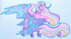 Size: 1920x1049 | Tagged: safe, artist:oneiria-fylakas, derpibooru import, princess cadance, alicorn, pony, alternate design, colored wings, curved horn, female, horn, image, jpeg, mare, multicolored wings, neck fluff, solo, tail feathers, traditional art, wings