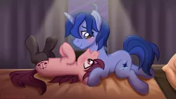 Size: 1920x1080 | Tagged: safe, artist:limedazzle, derpibooru import, oc, oc:allen, oc:james, unofficial characters only, earth pony, pony, unicorn, blushing, clothes, image, jpeg, lying down, male, prone, socks, stallion