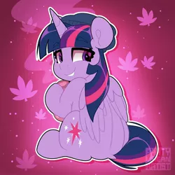 Size: 4000x4000 | Tagged: safe, artist:partylikeanartist, derpibooru import, twilight sparkle, twilight sparkle (alicorn), alicorn, pony, 420, abstract background, back, beanie, bong, dock, drugs, from behind, hat, high, highlight sparkle, image, jpeg, lip bite, looking back, marijuana, simple background, solo, stoned