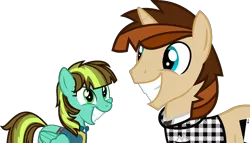 Size: 1328x760 | Tagged: safe, artist:pegasski, derpibooru import, oc, oc:aqua haze, unofficial characters only, pegasus, pony, unicorn, fallout equestria, base used, clothes, female, grin, horn, image, mare, pegasus oc, png, simple background, smiling, transparent background, unicorn oc, vault suit, wings