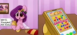 Size: 4096x1873 | Tagged: safe, artist:kittyrosie, derpibooru import, pipp petals, sunny starscout, pegasus, pony, chips, cookie jam, food, g5, game, image, jpeg, open mouth, phone, picture, potato chips, speech bubble