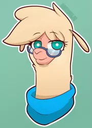 Size: 687x956 | Tagged: safe, artist:hitsuji, derpibooru import, oc, oc:shio (hitsuji), alpaca, them's fightin' herds, clothes, community related, female, glasses, image, looking at you, png, scarf, simple background, smiling, solo, tfh oc