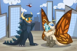 Size: 1280x854 | Tagged: safe, artist:sirzi, derpibooru import, ocellus, smolder, changedling, changeling, dragon, clothes, costume, cute, diaocelles, godzilla, image, jpeg, mothra, movie set, smolderbetes