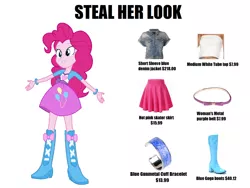 Size: 1380x1040 | Tagged: safe, derpibooru import, pinkie pie, equestria girls, belt, boots, bow, bracelet, clothes, image, jacket, jewelry, knee-high boots, meme, png, prices, shoes, skirt, solo, steal her look, tube top