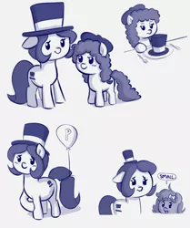 Size: 2505x3000 | Tagged: safe, artist:heretichesh, derpibooru import, oc, oc:hattsy, oc:lil beret, oc:whinny, earth pony, pony, balloon, beret, blushing, bow, cute, dialogue, distressed, family, female, fork, hair bow, happy, hat, image, knife, mother and child, mother and daughter, parent:pinkie pie, plate, png, pregnant, standing, text, top hat, unamused