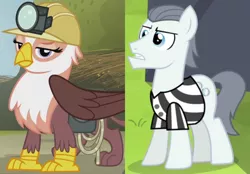 Size: 1072x746 | Tagged: safe, derpibooru import, edit, edited screencap, screencap, gimme moore, silver shill, earth pony, gryphon, leap of faith, the lost treasure of griffonstone, bag, clothes, crack shipping, cropped, female, gimmeshill, helmet, image, interspecies, male, mining helmet, png, rope, saddle bag, shipping, shipping domino, shirt, straight, striped shirt