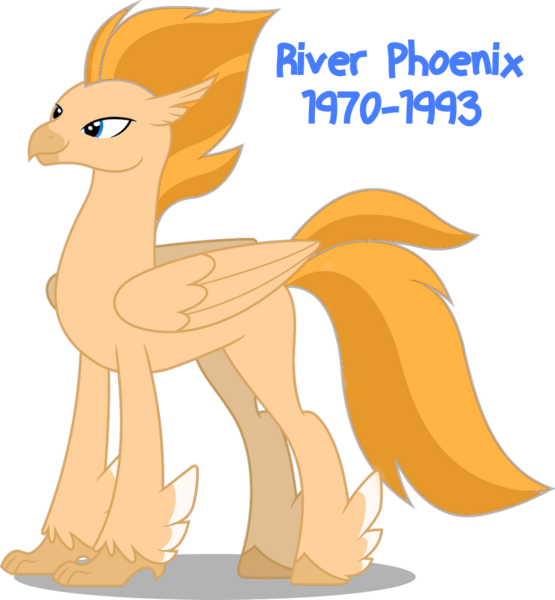 Size: 947x1024 | Tagged: safe, artist:chrzanek97, derpibooru import, edit, vector edit, classical hippogriff, hippogriff, hippogriffied, image, male, png, river phoenix, smiling, solo, species swap, text, tribute, vector