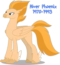 Size: 947x1024 | Tagged: safe, artist:chrzanek97, derpibooru import, edit, vector edit, classical hippogriff, hippogriff, hippogriffied, image, male, png, river phoenix, smiling, solo, species swap, text, tribute, vector
