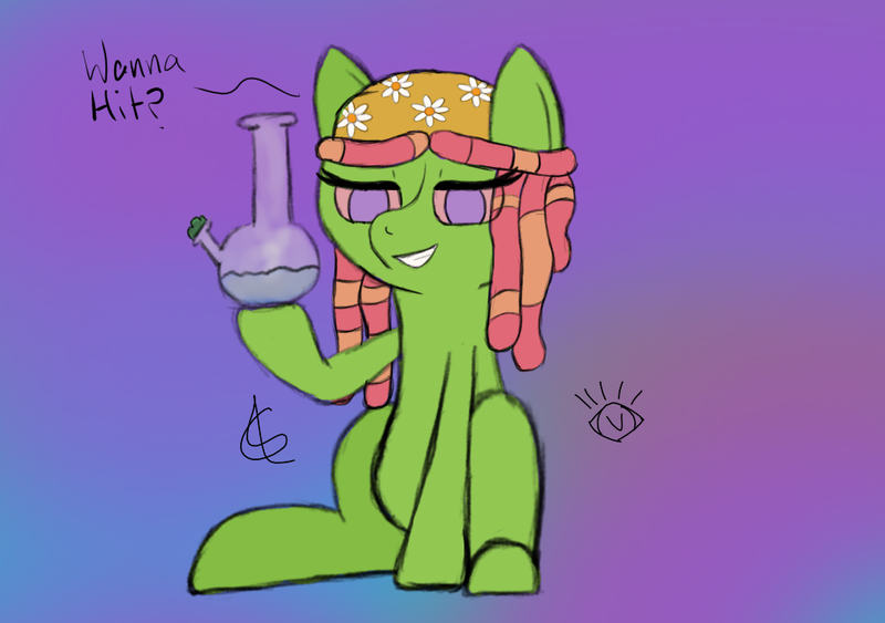 Size: 1024x720 | Tagged: safe, artist:globlet_, derpibooru import, tree hugger, earth pony, pony, 420, bong, dreadlocks, drugs, high, image, looking at you, marijuana, multicolored hair, pastel, pastel background, png, red eyes, smiling, smiling at you, solo, stoned, stoner, tree hugger smoking