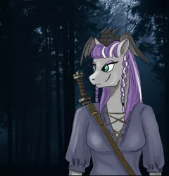 Size: 1035x1080 | Tagged: safe, artist:terr@koterr@, derpibooru import, maud pie, anthro, bat, fruit bat, pony, braided tail, breasts, cyrillic, forest, forest background, image, jpeg, russian, scar, skunk stripe, sword, tree, weapon, wolfhound (charcter)