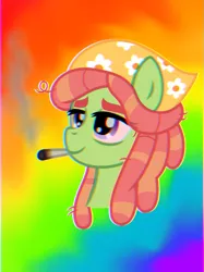 Size: 899x1200 | Tagged: safe, alternate version, artist:froyo15sugarblast, derpibooru import, tree hugger, earth pony, pony, 420, 420 blaze it, bandana, bloodshot eyes, bust, dreadlocks, drugs, error, female, glitch, high, image, joint, late, marijuana, pink eyes, png, portrait, psychedelic, smoking, smoking weed, solo