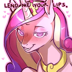 Size: 1159x1159 | Tagged: safe, artist:cold-blooded-twilight, derpibooru import, princess cadance, alicorn, blushing, bronybait, bust, cute, dialogue, female, full face view, glow, heart, horn, image, imminent infidelity, looking at you, png, raised hoof, simple background, smiling, smiling at you, solo, solo female, talking to viewer, yoke