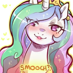Size: 1159x1159 | Tagged: safe, artist:cold-blooded-twilight, derpibooru import, princess celestia, alicorn, blushing, bronybait, bust, crown, cute, dialogue, eye covered by hair, female, full face view, heart, image, jewelry, looking at you, png, regalia, simple background, smiling, smiling at you, solo, solo female, sparkles, talking to viewer, yoke