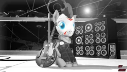 Size: 1920x1080 | Tagged: safe, alternate version, artist:sky chaser, derpibooru import, oc, oc:sky chaser, pegasus, pony, wolf, wolf pony, 3d, beard, black and white, facial hair, grayscale, guitar, hockey mask, image, mask, monochrome, musical instrument, png, rock (music), solo, source filmmaker, speakers