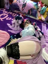 Size: 3024x4032 | Tagged: suggestive, derpibooru import, fluttershy, pinkie pie, sci-twi, twilight sparkle, alicorn, my little pony: the movie, 4de, babscon, blanket, bra, clothes, hot topic, image, jpeg, merchandise, panties, plushie, rope, sex doll, sex toy, socks, stockings, thigh highs, twilight sparkle (alicorn), underwear