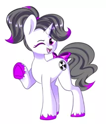 Size: 910x1062 | Tagged: safe, artist:thieftea, derpibooru import, oc, oc:hazel radiate, pony, unicorn, bow, commission, commissioner:biohazard, female, hair bow, highlights, image, looking at you, one eye closed, png, ponytail, quadrupedal, radiation sign, raised hoof, smiling, solo, standing, tail bow, wink, winking at you, ych result