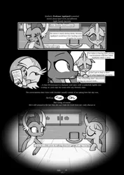 Size: 6071x8598 | Tagged: safe, artist:johnerose126, derpibooru import, ocellus, silverstream, smolder, changedling, changeling, dragon, fanfic:does she know, absurd resolution, fanfic art, image, jpeg, monochrome