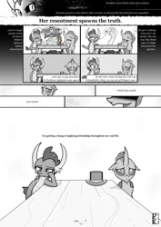 Size: 6071x8598 | Tagged: safe, artist:johnerose126, derpibooru import, ocellus, pinkie pie, smolder, changedling, changeling, dragon, fanfic:does she know, absurd resolution, fanfic art, image, jpeg, monochrome