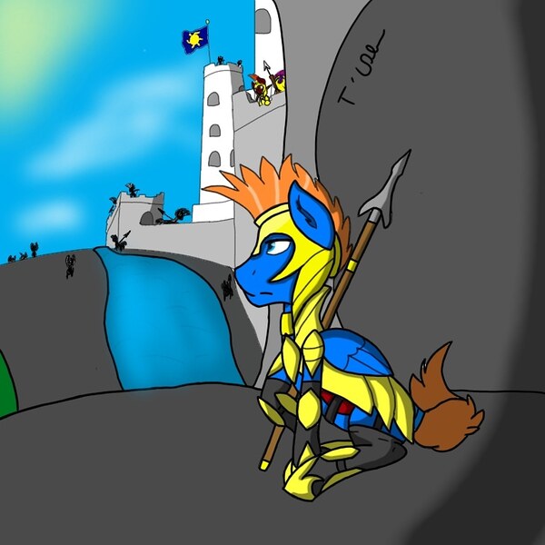 Size: 768x768 | Tagged: safe, derpibooru import, oc, pegasus, pony, blue pony, bluedrum, castle, guard, guardsman, image, jpeg, male, my little pony, river, spear, sunny, tower, weapon