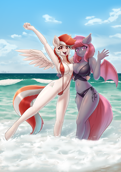 Size: 2480x3508 | Tagged: suggestive, artist:dandy, derpibooru import, oc, oc:array, oc:fruitful melody, unofficial characters only, anthro, bat pony, pegasus, unguligrade anthro, bat pony oc, bat wings, beach, belly button, bikini, blushing, boob squish, breasts, breasts touching, chest fluff, clothes, commission, cutie mark, duo, erect nipples, explicit source, female, females only, high res, image, looking at you, nipple outline, ocean, png, sling bikini, swimsuit, waving, wings