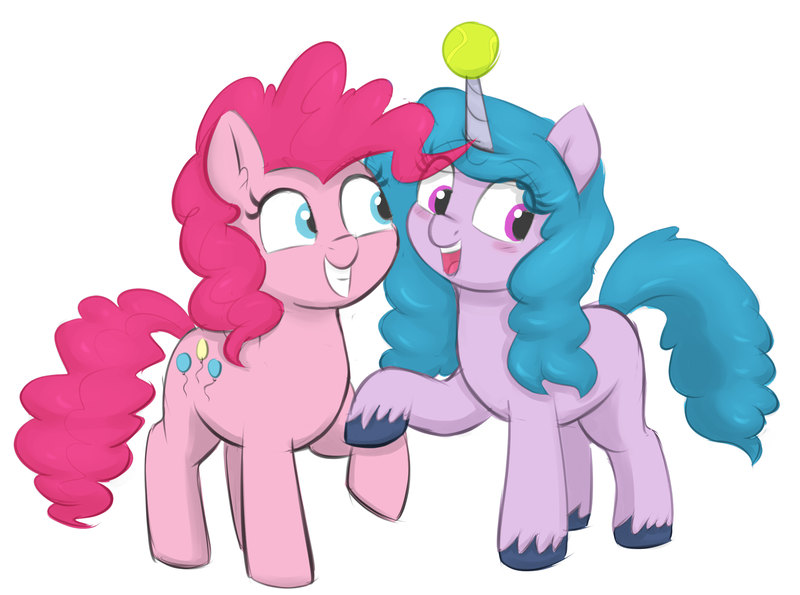 Size: 2250x1674 | Tagged: safe, artist:heretichesh, color edit, derpibooru import, edit, izzy moonbow, pinkie pie, earth pony, pony, unicorn, ball, blushing, colored, cute, diapinkes, duo, female, friendship, g4, g5, happy, holding hooves, horn, horn guard, horn impalement, hornball, image, izzy's tennis ball, izzybetes, mare, open mouth, png, raised hoof, smiling, tennis ball, unshorn fetlocks