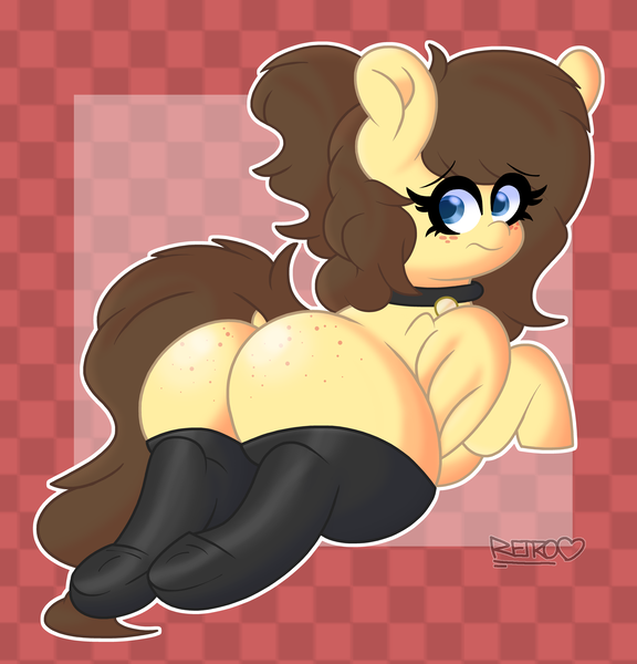 Size: 6721x7001 | Tagged: suggestive, artist:retro_hearts, banned from derpibooru, deleted from derpibooru, derpibooru import, oc, oc:retro hearts, unofficial characters only, pegasus, pony, :s, abstract background, blushing, butt, butt freckles, checkered background, chubby, clothes, collar, dock, female, freckles, frog (hoof), image, latex, latex socks, looking at you, looking back, lying down, mare, plot, png, ponytail, prone, rear view, socks, solo, solo female, underhoof, wavy mouth, wings
