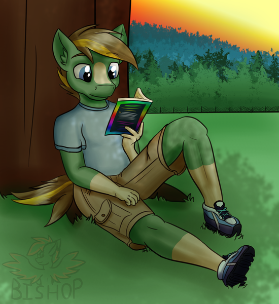 Size: 2355x2570 | Tagged: safe, artist:askavrobishop, derpibooru import, oc, anthro, earth pony, pony, book, clothes, grass, image, male, png, reading, shirt, shoes, shorts, stallion, sunset, tree