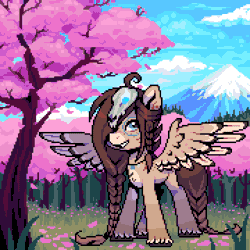Size: 900x900 | Tagged: safe, artist:hikkage, derpibooru import, oc, oc:ondrea, unofficial characters only, pegasus, pony, animated, cherry, cherry blossoms, cloud, female, fire, flower, flower blossom, food, gif, idle, idle animation, image, looking at you, magic, mare, mountain, pink, pixel art, pretty, scenery, skull, smiling, smiling at you, solo, spread wings, tree, wings