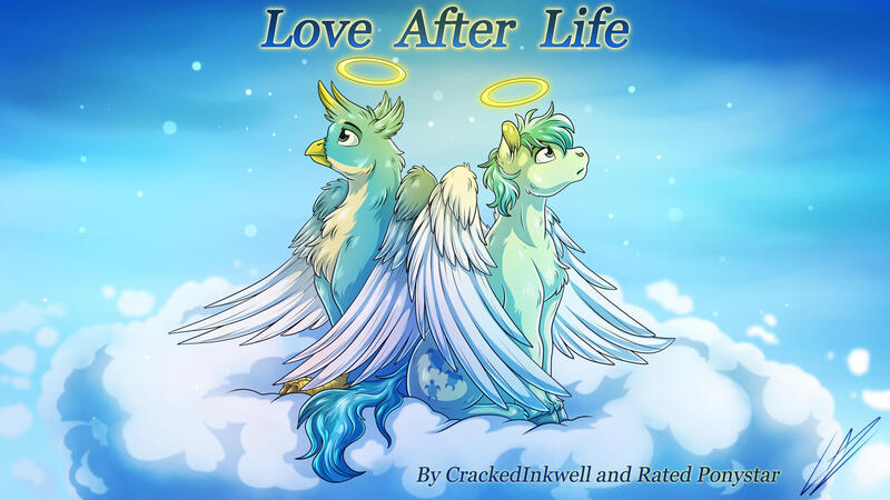 Size: 1920x1080 | Tagged: safe, artist:lupiarts, derpibooru import, gallus, sandbar, earth pony, gryphon, pony, fanfic, angel, fanfic art, fanfic cover, gallbar, gay, halo, image, jpeg, male, shipping