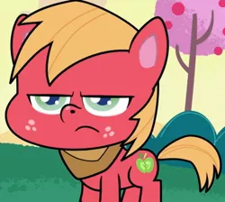 Size: 574x514 | Tagged: safe, derpibooru import, screencap, big macintosh, earth pony, pony, my little pony: pony life, spoiler:pony life s02e07, big macintosh is not amused, cropped, eenope, frown, image, jpeg, lowres, male, solo, stallion, terrorarium, unamused