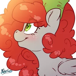 Size: 2000x2000 | Tagged: safe, artist:fluffyxai, derpibooru import, oc, oc:scenic spatter, unofficial characters only, pegasus, blushing, cute, fluffy mane, image, looking to side, png, side view, simple background, smiling, solo, white background