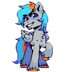 Size: 640x640 | Tagged: safe, artist:hikkage, derpibooru import, oc, oc:shade flash, unofficial characters only, pegasus, pony, animated, gif, idle animation, image, lowres, male, one eye closed, pixel art, simple background, smiling, stallion, transparent background, unshorn fetlocks, wink