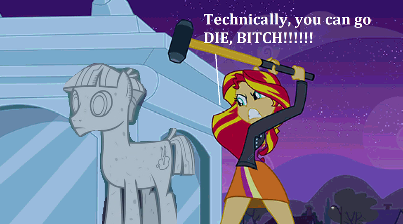 Size: 1704x945 | Tagged: semi-grimdark, derpibooru import, edit, edited screencap, screencap, mudbriar, sunset shimmer, earth pony, pony, equestria girls, equestria girls (movie), 1000 hours in ms paint, angry, female, hammer, image, male, petrification, png, rockbriar, sledgehammer, text, turned to stone, vulgar