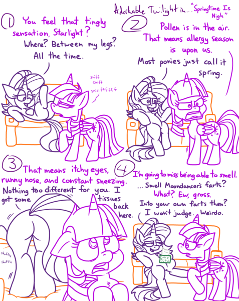 Size: 4779x6013 | Tagged: suggestive, artist:adorkabletwilightandfriends, derpibooru import, starlight glimmer, twilight sparkle, alicorn, comic:adorkable twilight and friends, adorkable, adorkable twilight, allergies, bend over, between legs, butt, comic, couch, cute, dork, fart joke, friendship, funny, humor, image, innuendo, lazy, leaning, legs in air, monologue, plot, png, silly, sitting, slice of life, smelling, sniffing, talking, tissue, twilight sparkle (alicorn), wise cracks