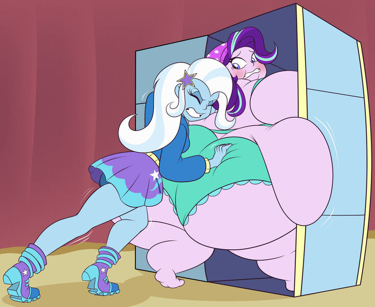 Size: 1024x837 | Tagged: suggestive, artist:tubbytoon, derpibooru import, starlight glimmer, trixie, equestria girls, bbw, beanie, blushing, butt, chubby cheeks, clothes, fat, feet, female, glimmer glutes, hat, image, jpeg, panties, pushing, skirt, ssbbw, starlard glimmer, stuck, the ass was too fat, too fat to get through, underwear