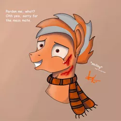 Size: 1800x1800 | Tagged: semi-grimdark, derpibooru import, oc, oc:habie hardcores, unofficial characters only, pegasus, pony, bust, clothes, colt, dialogue, image, jpeg, looking at you, male, scar, scarf, smiling, solo