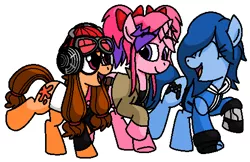 Size: 505x327 | Tagged: safe, artist:vgc2001, derpibooru import, ponified, pony, unicorn, clothes, controller, female, gloves, goggles, hammer, happy, hat, headphones, image, jacket, joystick, mare, meggy spletzer, meta runner, paint, png, ponytails, robotic arm, saiko, smg4, splatoon, tari, trotting