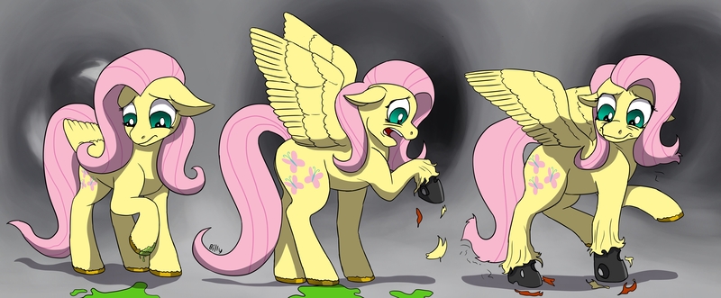 Size: 6000x2480 | Tagged: semi-grimdark, artist:mcsplosion, derpibooru import, part of a set, fluttershy, changeling, pegasus, pony, cave, changeling slime, changelingified, chitin, commission, female, floppy ears, flutterling, high res, image, jpeg, mare, open mouth, part of a series, raised hoof, scared, solo, species swap, spread wings, torn skin, transformation, transformation sequence, wings