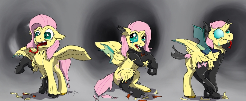 Size: 6000x2480 | Tagged: semi-grimdark, artist:mcsplosion, derpibooru import, part of a set, fluttershy, changeling, pegasus, pony, cave, changelingified, chitin, commission, crying, cutie mark, fangs, female, floppy ears, flutterling, forked tongue, hair loss, high res, horn, image, jpeg, mare, molting, open mouth, part of a series, raised hoof, scared, solo, species swap, spread wings, tongue out, torn skin, transformation, transformation sequence, wings
