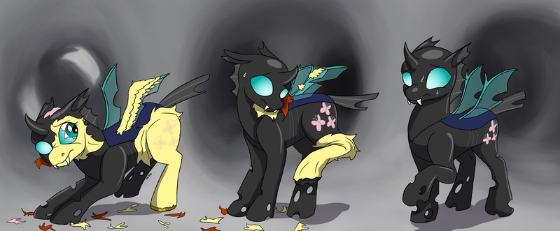 Size: 6000x2480 | Tagged: semi-grimdark, artist:mcsplosion, derpibooru import, part of a set, fluttershy, changeling, pegasus, pony, cave, changelingified, chitin, commission, cutie mark, fangs, floppy ears, flutterling, high res, horn, image, jpeg, molting, nervous, part of a series, raised hoof, scared, solo, species swap, spread wings, sweat, sweatdrops, torn skin, transformation, transformation sequence, wings