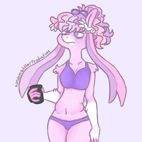 Size: 1000x1000 | Tagged: safe, artist:random_glitter_productions, derpibooru import, oc, unofficial characters only, anthro, earth pony, bra, clothes, cup, female, frown, image, jpeg, signature, simple background, solo, underwear