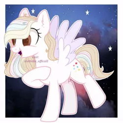 Size: 1080x1080 | Tagged: safe, artist:elinka_officall, derpibooru import, oc, unofficial characters only, pegasus, pony, eyelashes, image, jpeg, night, open mouth, pegasus oc, raised hoof, smiling, solo, stars, two toned wings, wings
