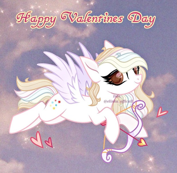Size: 1080x1050 | Tagged: safe, artist:elinka_officall, derpibooru import, oc, unofficial characters only, pegasus, pony, cloud, cupid, eyelashes, female, flying, image, jpeg, mare, pegasus oc, smiling, solo, two toned wings, wings