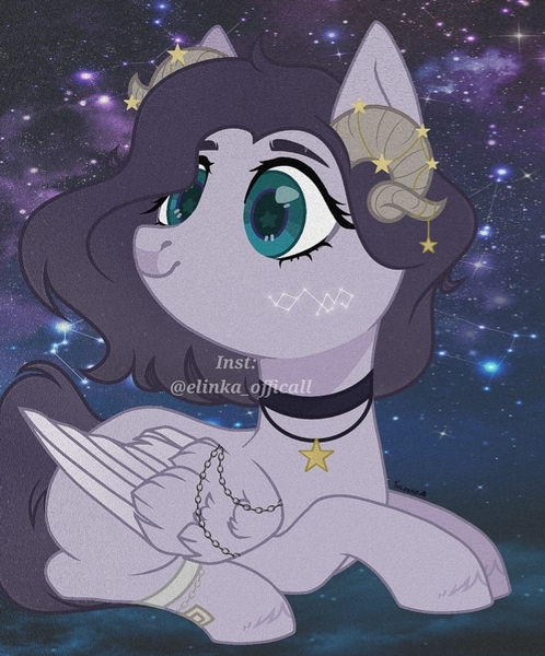 Size: 850x1024 | Tagged: safe, artist:elinka_officall, derpibooru import, oc, unofficial characters only, pegasus, pony, choker, horns, image, jpeg, looking back, lying down, night, pegasus oc, prone, smiling, solo, starry eyes, stars, two toned wings, wingding eyes, wings