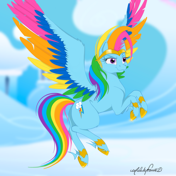 Size: 1920x1920 | Tagged: safe, artist:caliunicalien, derpibooru import, rainbow dash, pegasus, pony, colored wings, feather, female, g5 concept leak style, g5 concept leaks, image, jewelry, mare, multicolored hair, multicolored tail, multicolored wings, png, rainbow dash (g5 concept leak), raised hoof, signature, solo, spread wings, tiara, unshorn fetlocks, wings